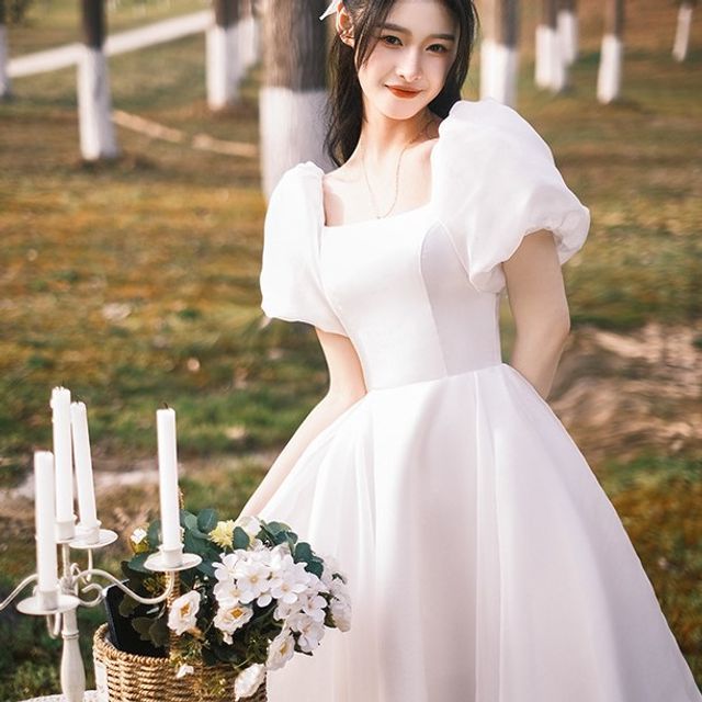 puff sleeve midi wedding dress Mackizin - Puff-Sleeve Square Neck Plain Midi A-Line Wedding Dress