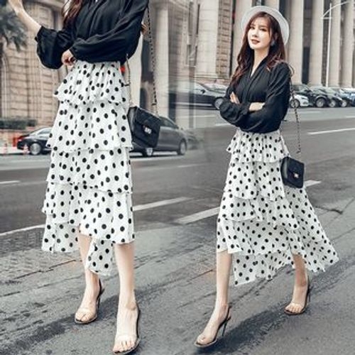 Polka Dot Chiffon A-Line Midi Tiered Skirt