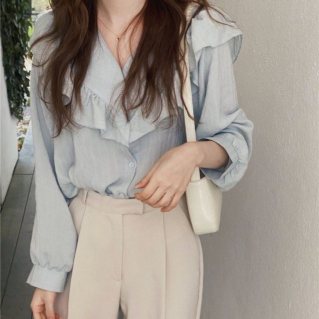 Everose-Long-Sleeve Ruffle Trim Plain Blouse