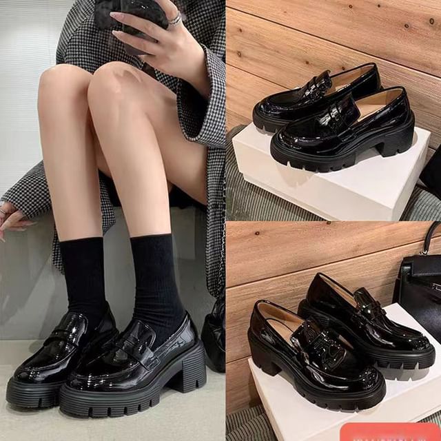 FRAISO-Platform Block Heel Plain Loafers