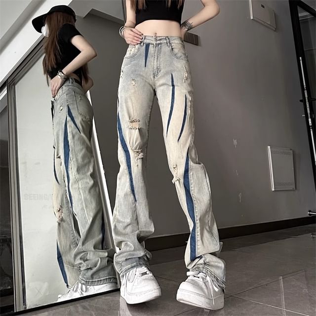 Diphon-Mid Rise Distressed Washed Straight Leg Jeans