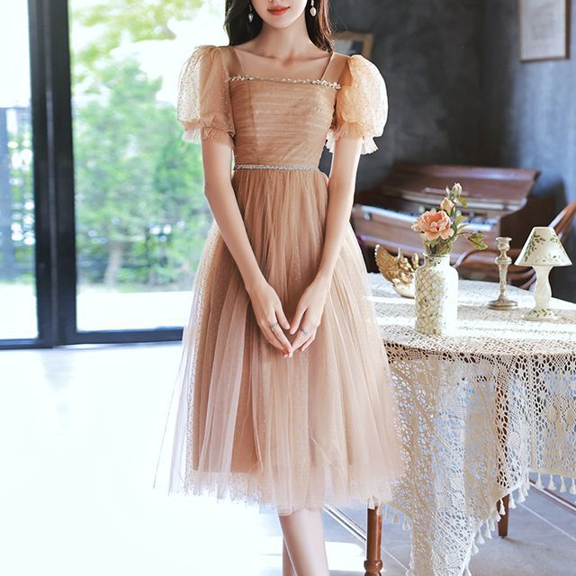 Risthan - Puff-Sleeve Rhinestone Cocktail Dress | YesStyle