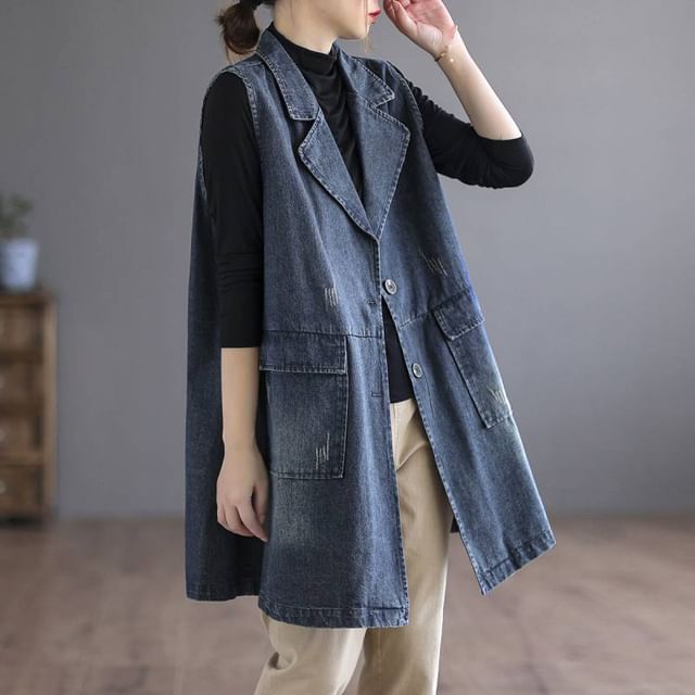 Lewwe-Notch Lapel Washed Button Denim Cargo Vest