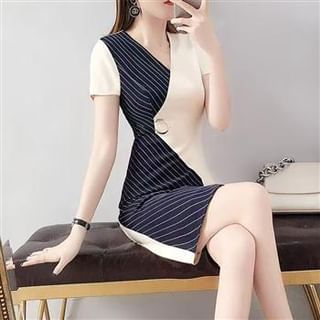 Everose-Short Sleeve V-Neck Pinstriped Panel Asymmetrical Mini Sheath Wrap Dress