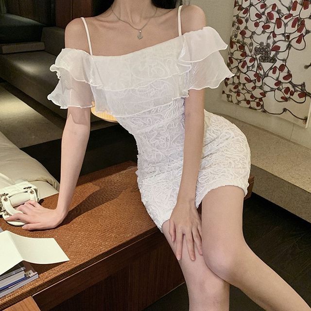 white rainies - Short-Sleeve Cold Shoulder Lace Mini Bodycon Dress |  YesStyle