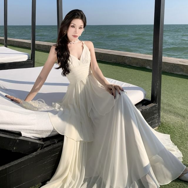 Moanum-Spaghetti Strap V-Neck Plain Layered Open Back Maxi A-Line Dress