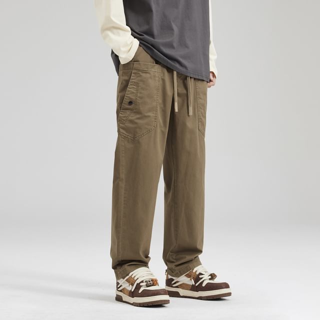 Nataro-Drawstring Waist Plain Loose Fit Cargo Pants