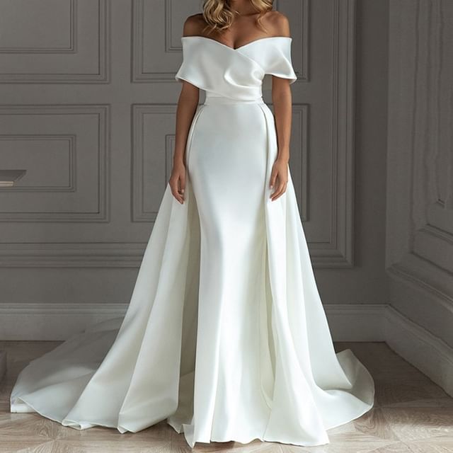 DreesHouse-Cap-Sleeve Off-Shoulder Plain Sheath Wedding Gown