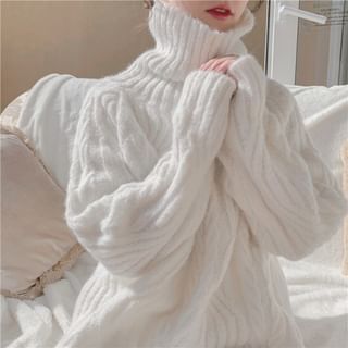 Lewwe-Turtleneck Plain Cable Knit Sweater