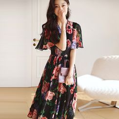 CHICHA - Short-Sleeve Floral Midi A-Line Dress