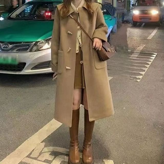 Everose-Collar Plain Midi Toggle Coat
