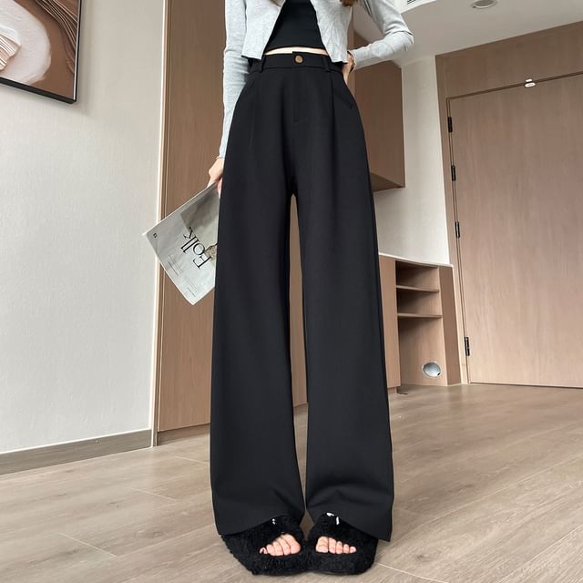 Jaqmine-High Waist Plain Wide Leg Pants