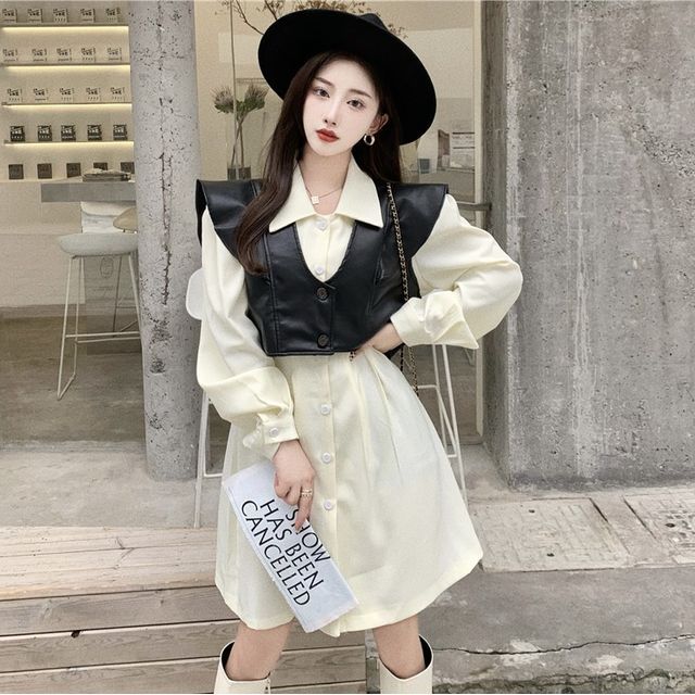 Windflower Long-Sleeve Shirt Dress Faux Leather Vest YesStyle