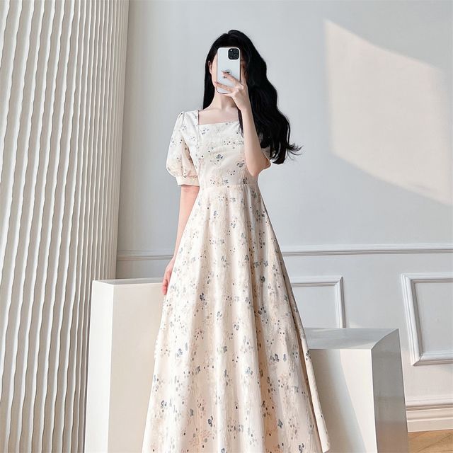 Mikiko - Puff-Sleeve Square Neck Floral Midi A-Line Dress | YesStyle