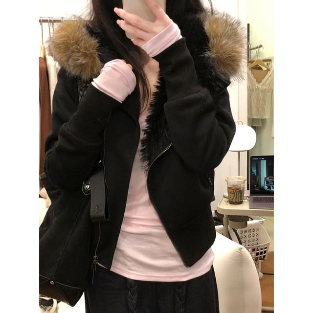Dreamkura-Fluffy Hooded Zip Jacket