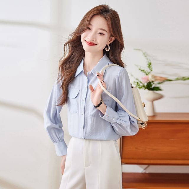 Skyheart-Long Sleeve Collared Plain Shirt