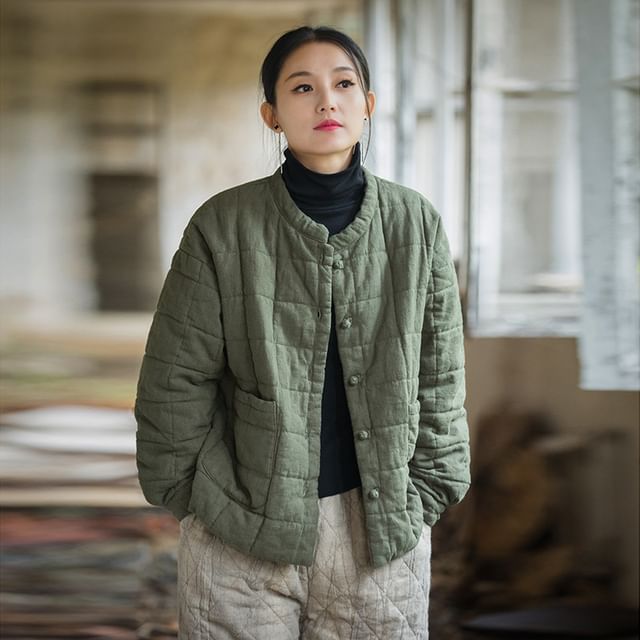 Lewwe-Stand Collar Plain Quilted Button-Up Ramie Jacket