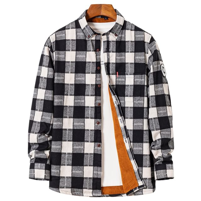 Fireon-Long Sleeve Collared Plaid Fleece Lined Button Shirt