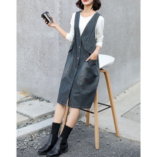 Lewwe V Neck Denim A Line Overall Dress YesStyle