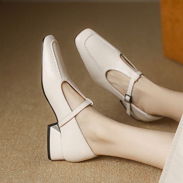 Freesia-Low Heel Plain T-Strap Mary Jane Pumps