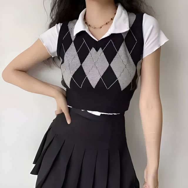 Striinkie-Chaleco Estilo Suéter con Estampado de Rombos