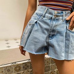 LIPHOP - Fray-Hem Wide-Leg Denim Shorts LIPHOP - Fray-Hem Wide-Leg Denim Shorts