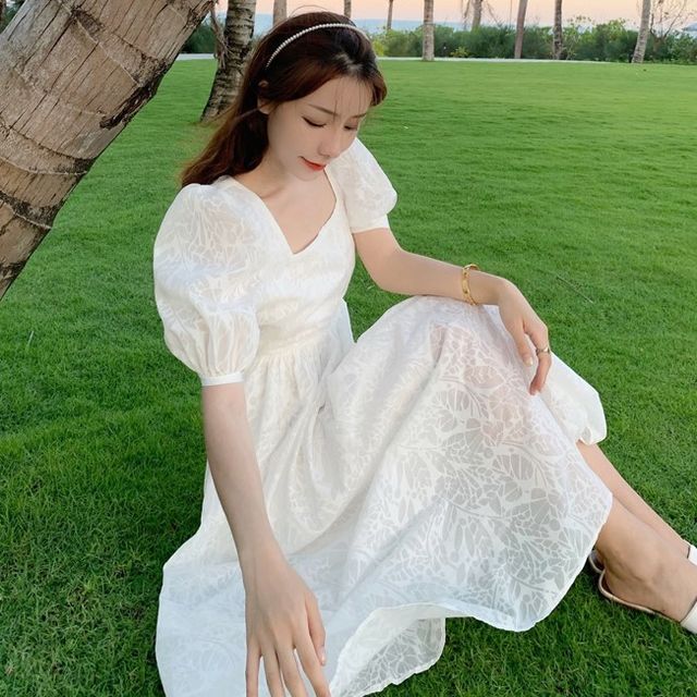 Yuxi - Short-Sleeve Lace Midi A-Line Dress | YesStyle