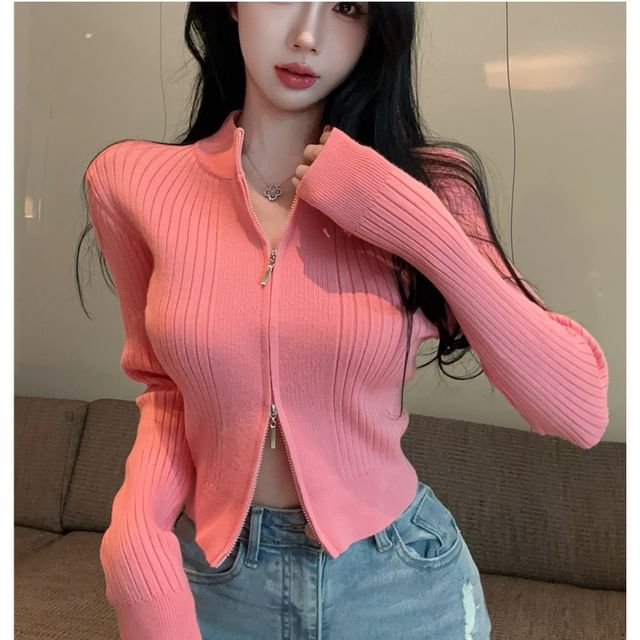 Whoosh-Mock Neck Plain Ribbed Zip Crop Cardigan