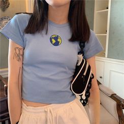 Serendipitous - Short-Sleeve Earth Print Cropped T-Shirt Serendipitous - Short-Sleeve Earth Print Cropped T-Shirt