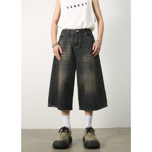 pinkdropper-Mid Rise Washed Gaucho Jeans