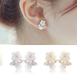 Glamiz-Rhinestone Faux Pearl Flower Earrings