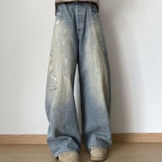VEAZ-Mid Rise Paint Splatter Washed Straight Leg Jeans
