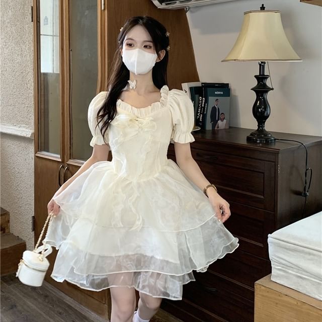Sienne-Short Sleeve Square Neck Plain Ruffle Panel Mesh Mini A-Line Dress