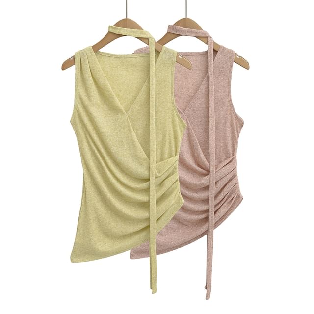 Ulark-V-Neck Plain Ruched Asymmetrical Tank Top