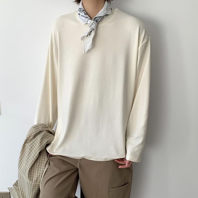 Omozando-Long Sleeve Round Neck Plain T-Shirt