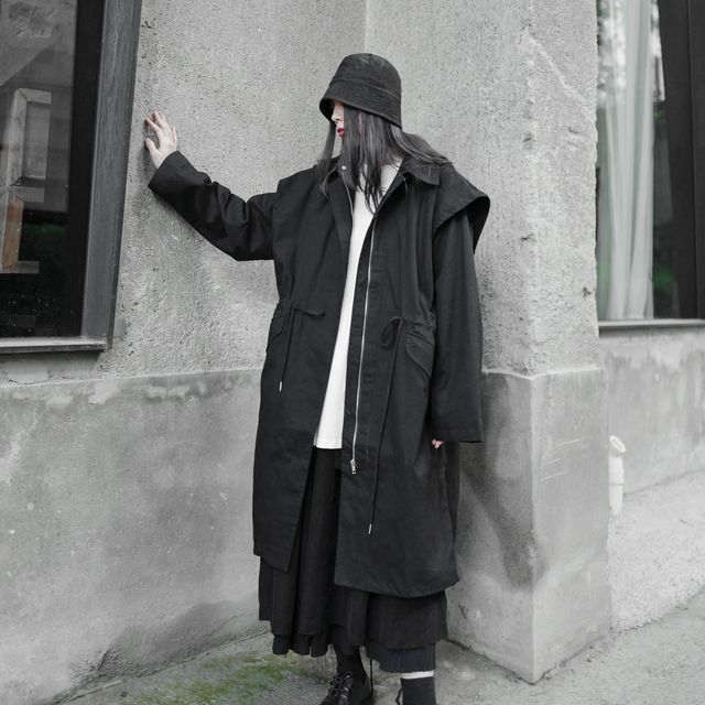 Ravenstem - Mock Two-Piece Plain Medium Maxi Hooded Trench Jacket