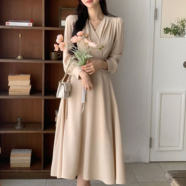 Bubapop - Long Sleeve V-Neck Plain Pleated Midi A-Line Wrap Dress | YesStyle