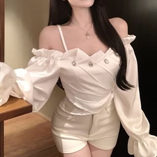 Miusee-Long Sleeve Cold Shoulder Plain Ruched Rhinestone Satin Top