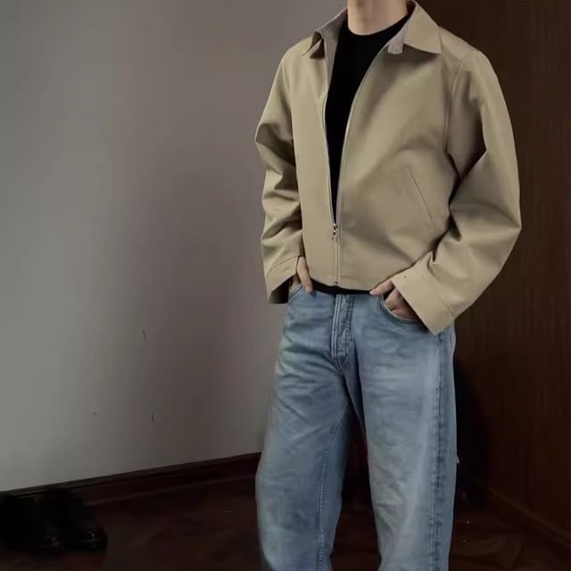 DragonRoad-Collared Zip-Up Plain Jacket