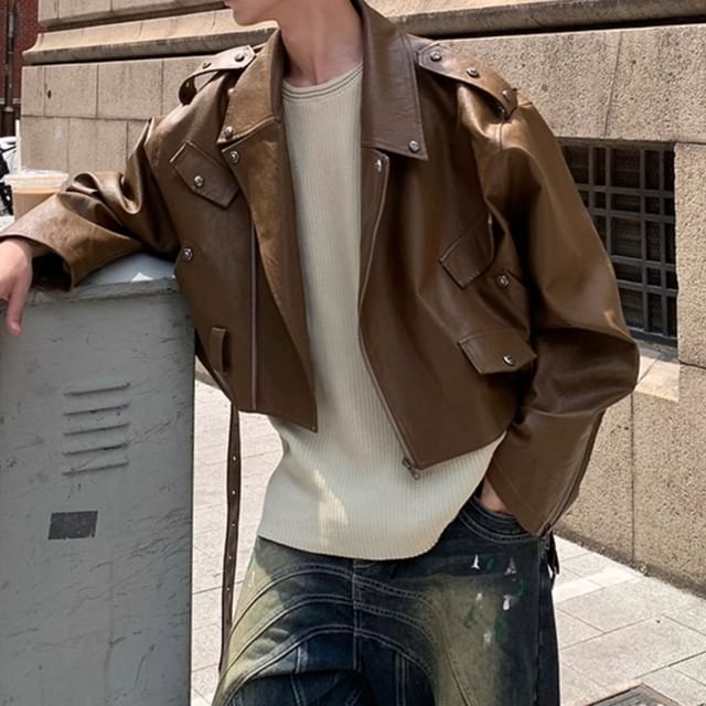 Phoneus-Faux Leather Zip-Up Biker Jacket