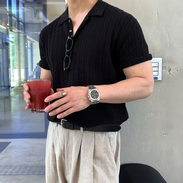 mopagrati-Short-Sleeve Plain Cable Knit Polo Shirt