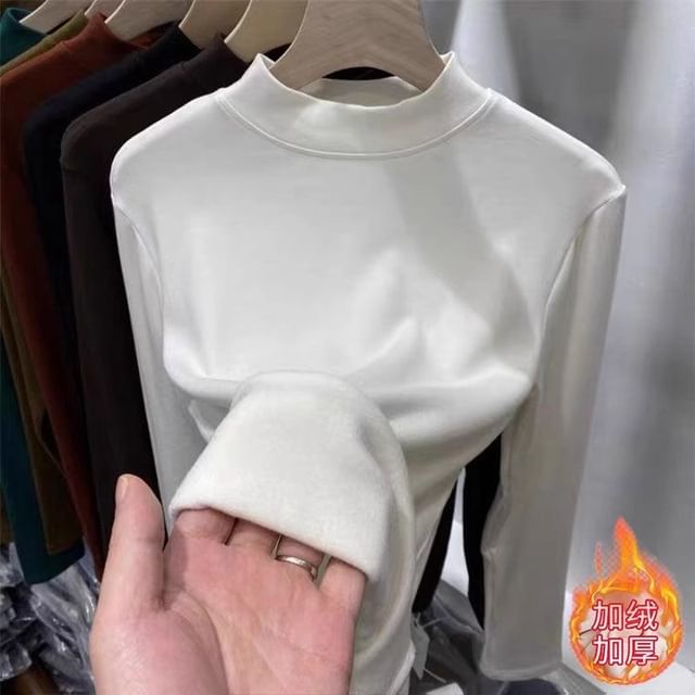 Maisee-Long-Sleeve Mock Neck Plain Fleece Tee