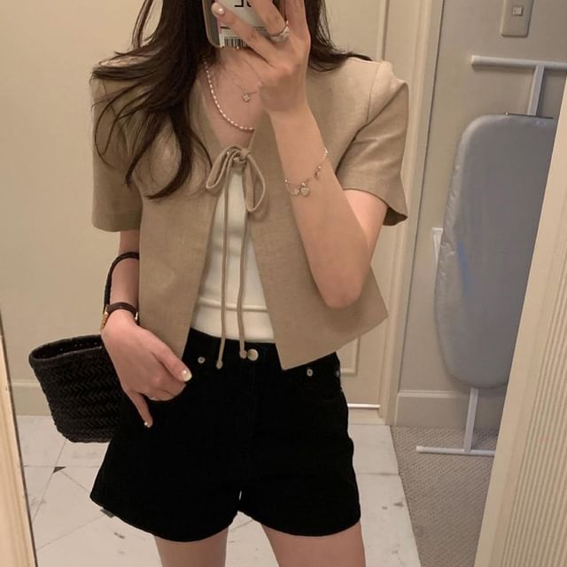 Odestra-Short-Sleeve Plain Lace-Up Blouse
