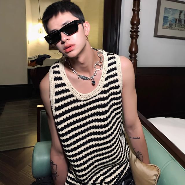 GRAYCIOUS-Scoop Neck Striped Perforated Knit Tank Top