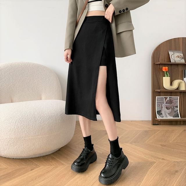 Sibpal - High Waist Plain Slit Midi A-Line Skirt | YesStyle