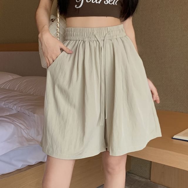 Sienne-Drawstring Waist Plain Wide Leg Shorts