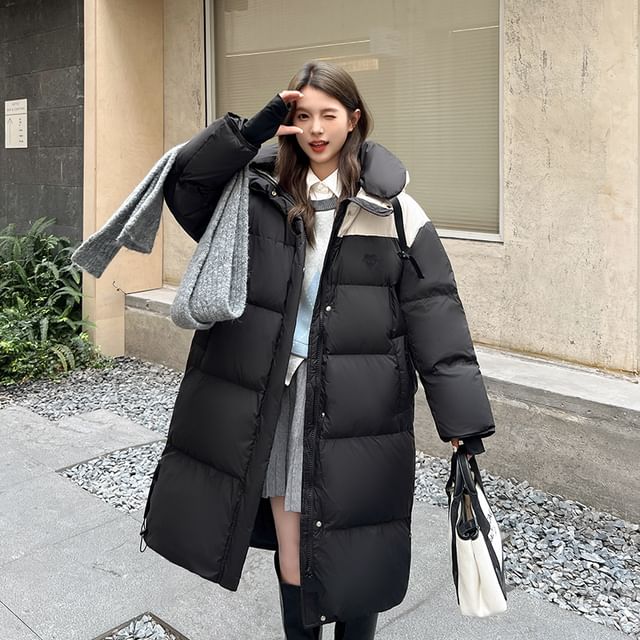 Sienne-Stand Collar Two Tone Midi Zip Puffer Coat