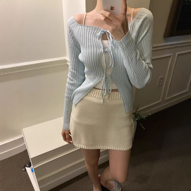 Tulstrix-Boat Neck Plain Ribbed Tie Front Cardigan