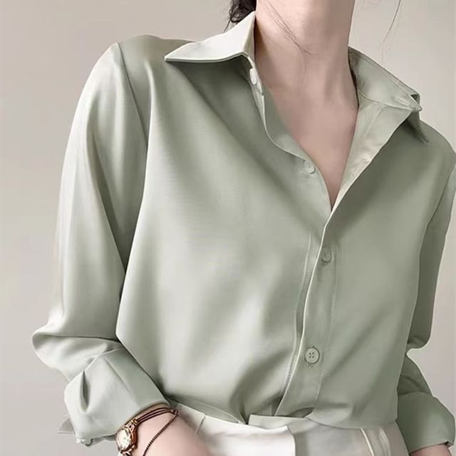 Jeonseon-Long-Sleeve Satin Plain Shirt