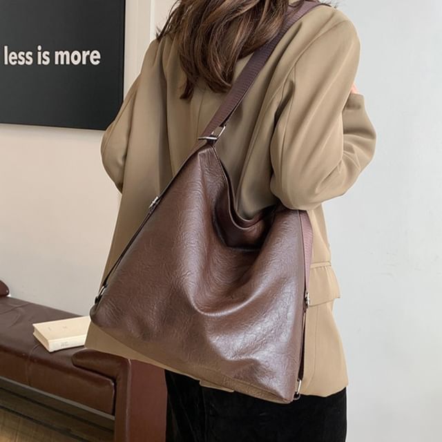 NewTown-Plain Faux Leather Shoulder Bag